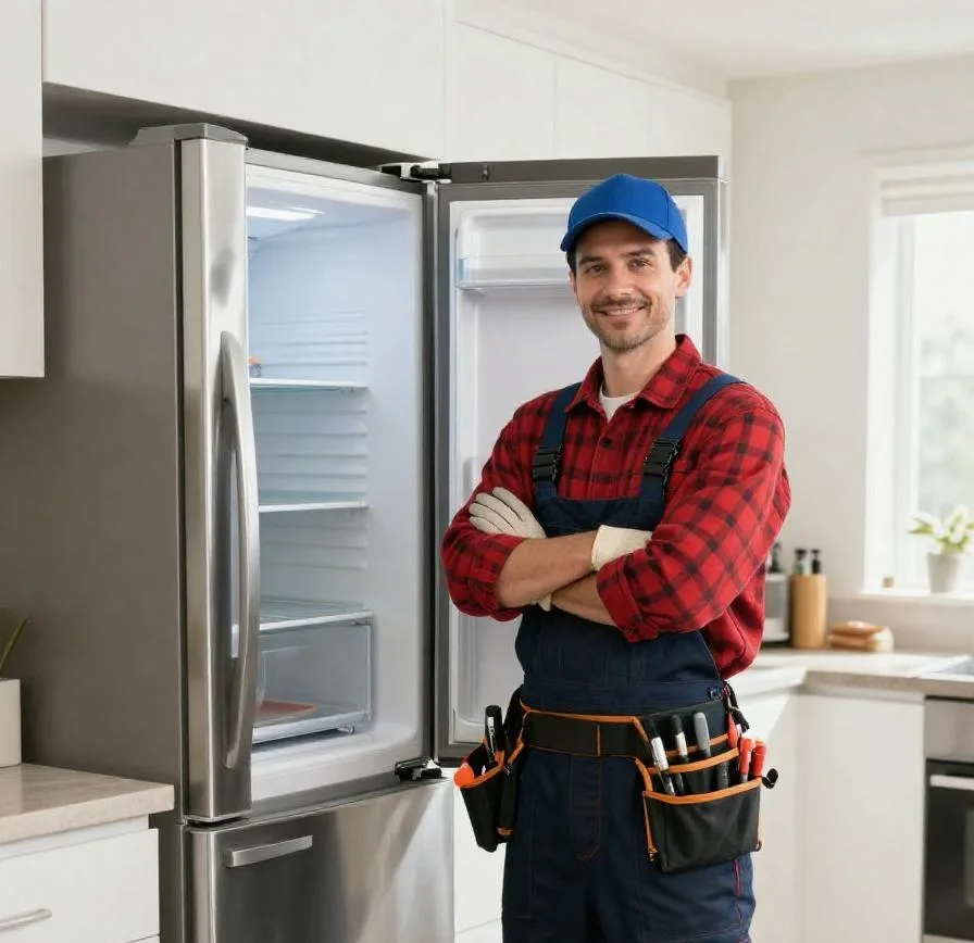 Appliance repair technician kneeling to service a refrigerator in a Moreno Valley kitchen