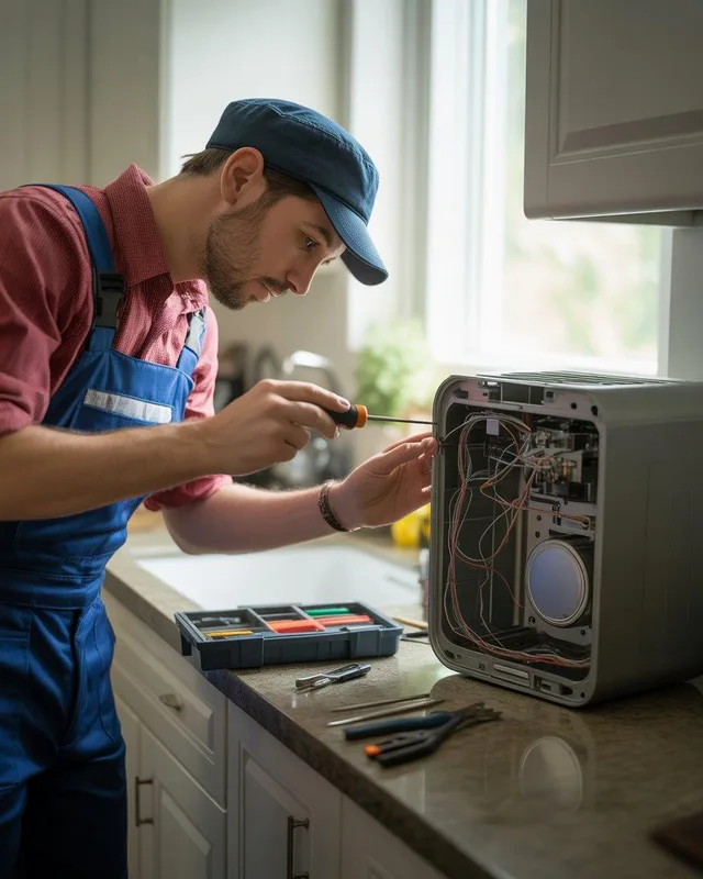 Technician repairing a small kitchen appliance in a Moreno Valley home