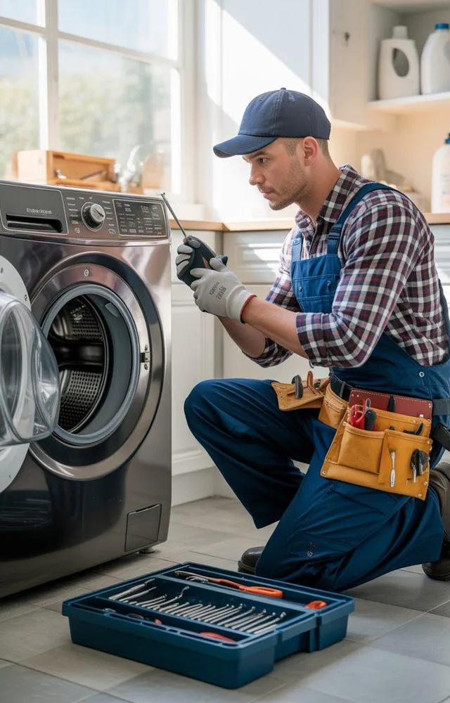 Licensed appliance repair technician diagnosing a washer in a Moreno Valley home