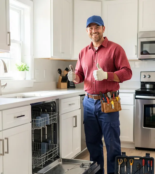 Technician inspecting a dishwasher drain filter in a Moreno Valley kitchen